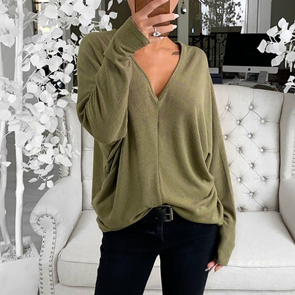 Women's Loose V-Neck Long-Sleeve Casual Pullover Tee