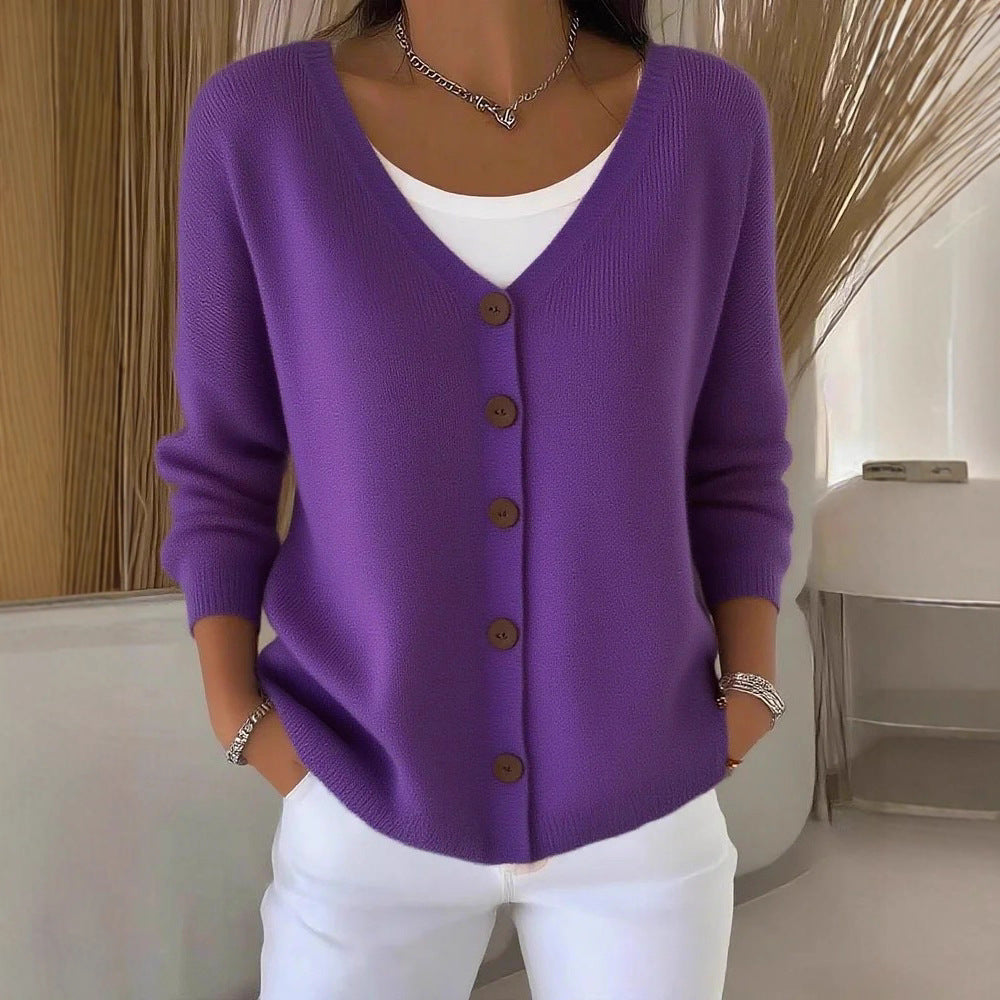 Women's Clothes Solid Color Knitted Button Cardigan Sweater