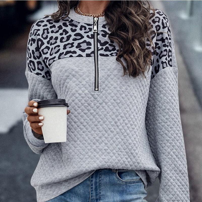 Leopard Splicing Drop Shoulder Zipper Women's Sweater