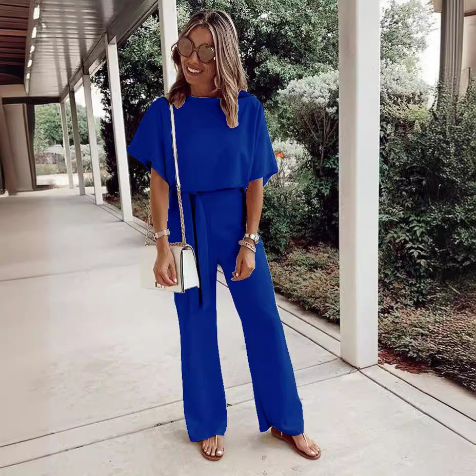 Women's Loose Casual Lace Up Jumpsuit Short Sleeve