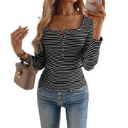 Elegant Striped Slim-Fit Long-Sleeve U-Neck Tee