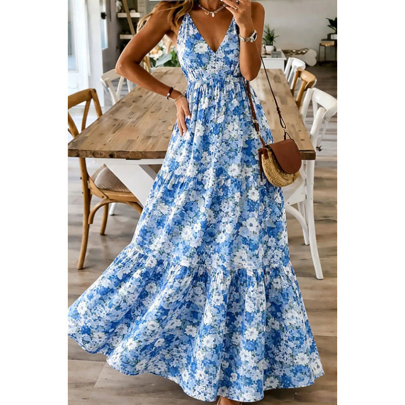 Summer New V-neck Strap Floral Print Long Dress for Women