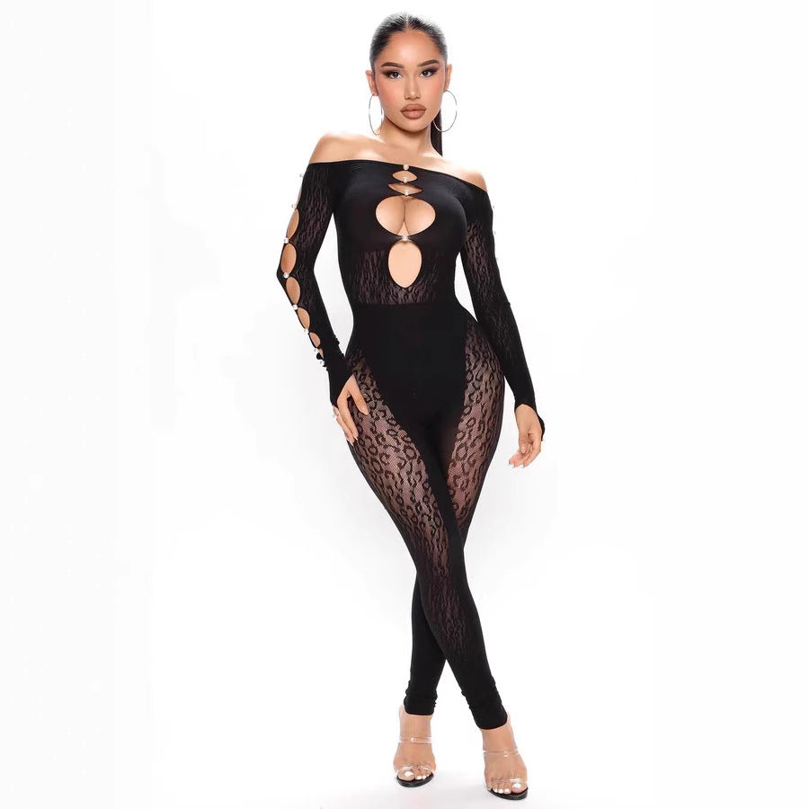 Plus-Size Leopard Print Off-Shoulder Yoga Jumpsuit