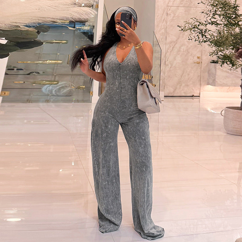 Casual Sporty Fauxwatereffect Openback Flared Jumpsuit