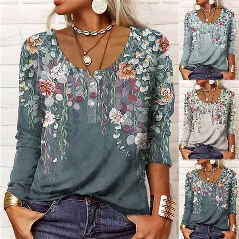 Women's Floral Geometric Long-Sleeve Button U-Neck Top