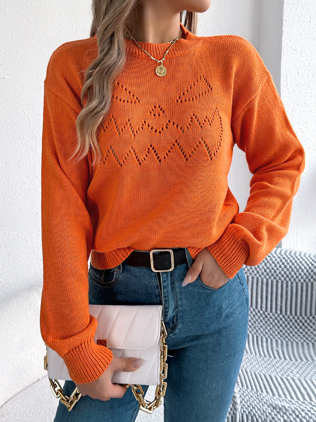 Women Solid Color Hollow Out Lantern Sleeve Pullover Sweater