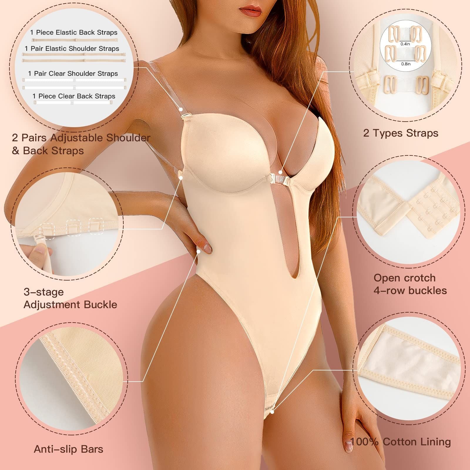 Deep-V Invisible Strap Push-Up Shapewear Bodysuit