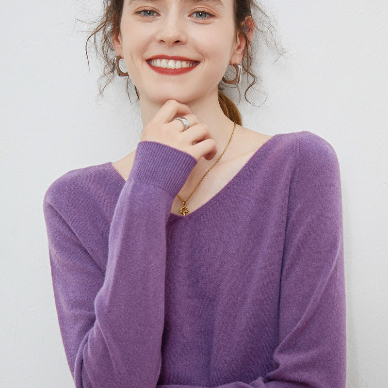 Pure Wool V-Neck Long-Sleeve Sweater for Women