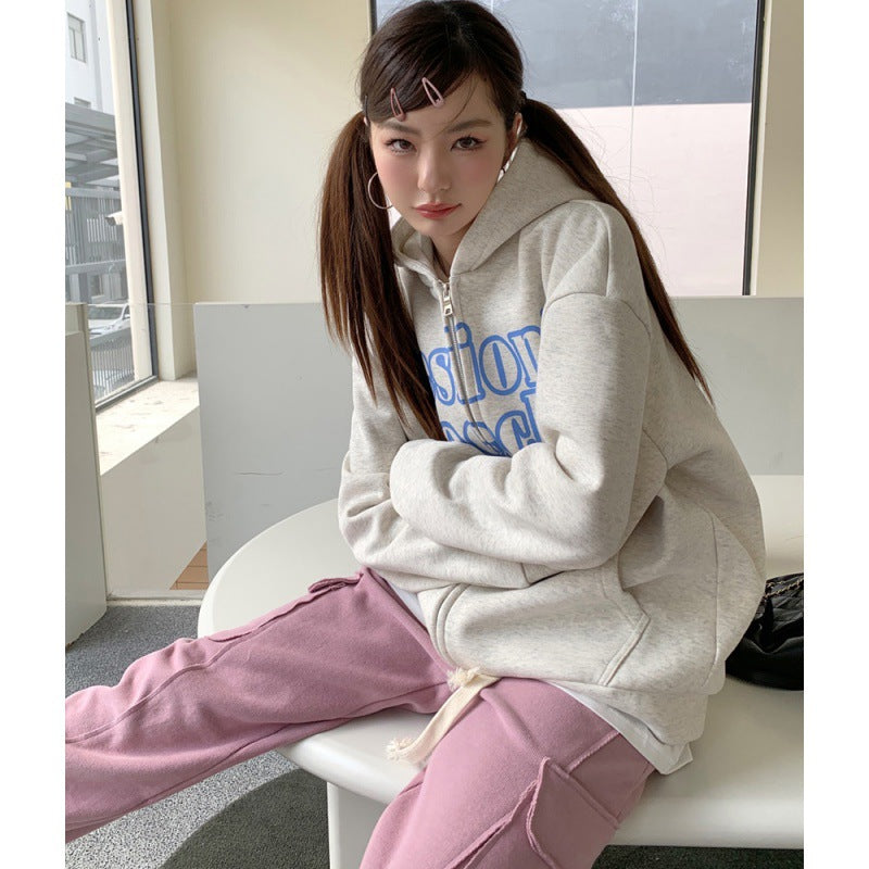 Cozy Velvet-Lined Letter Hooded Cardigan Jacket