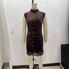 Fashionable Womens Lace Velvet Dress with a High Waist