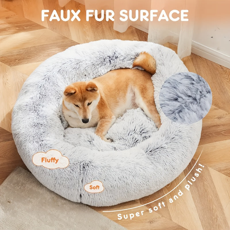 Dog Bed For Large Dogs, Round Fluffy Plush Faux Fur, Anti- Slip Large Pet Bed, Accommodates Up To 90 Lbs Pets
