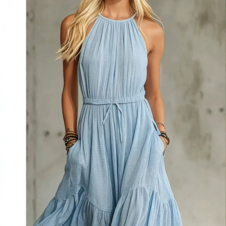 European and American-style Blue Cotton-linen Sleeveless Maxi Dress