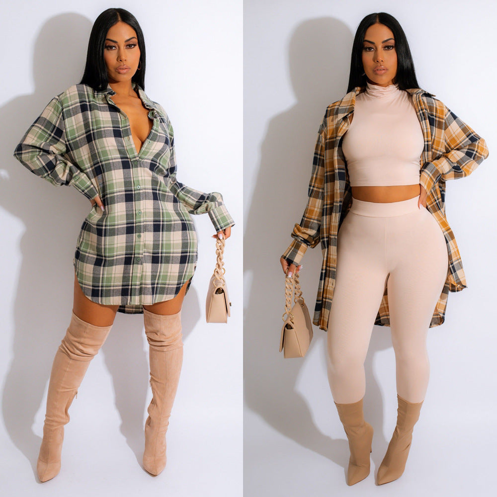 Womens Casual Turn-Down Collar Plush Plaid Shirt Dress