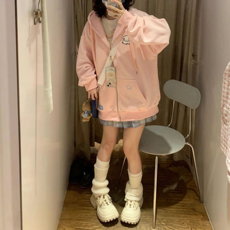 Cute Dog Embroidered Loose Hooded Cardigan for Women