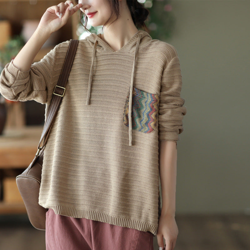 Casual Cotton Knitted Patch Hoodie for Women