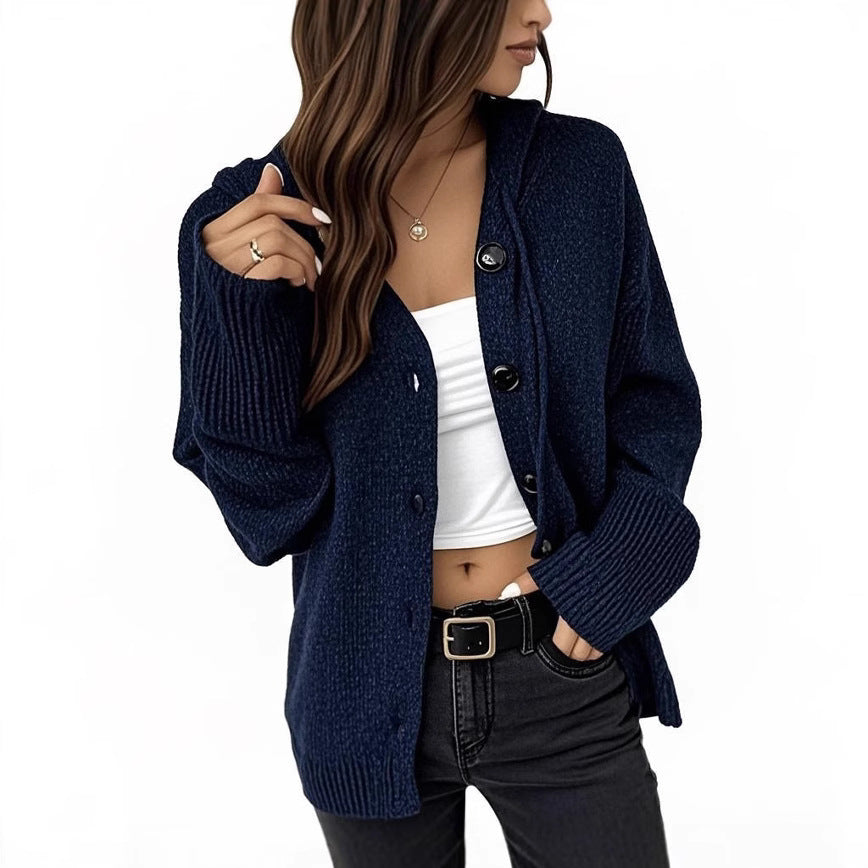 Women's Drawstring Knitted Solid Color Hooded Single-breasted Sweater