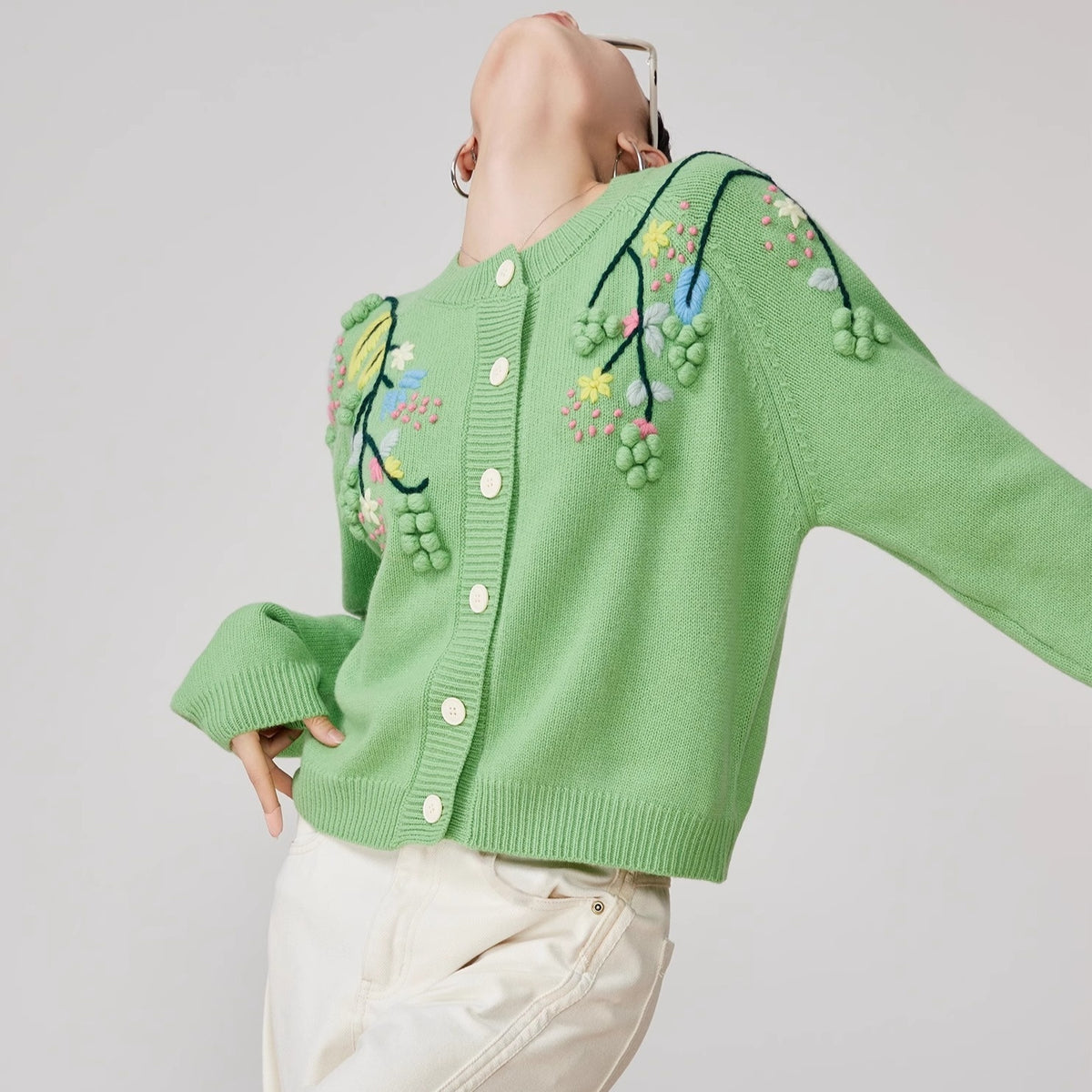 Green Handmade Three-dimensional Embroidered Round Neck Knitted Cardigan for Women