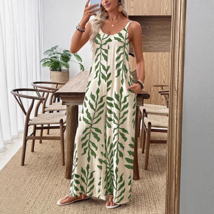 Chic Tropical Leaf V-Neck Jumpsuit with Pockets