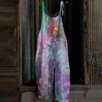Women's Printed Street Hipster Fashion Multi-color Cotton And Linen Suspender Jumpsuit