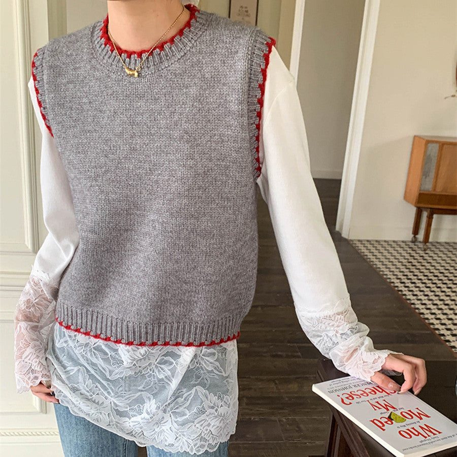 Womens Color-block Seamed Crew-neck Knitted Vest