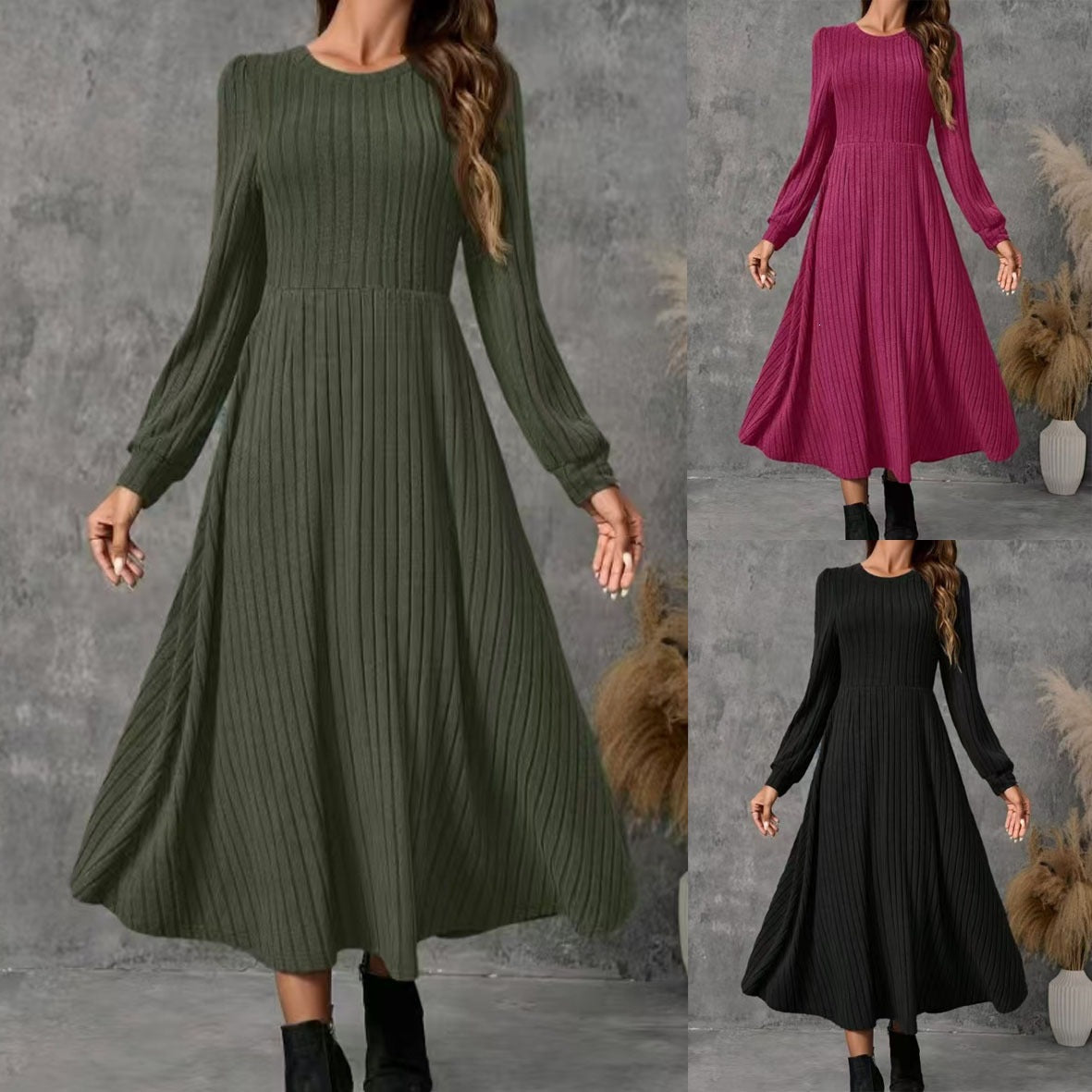 Womens Round-neck Solid-color Knitted Long-sleeve Dress