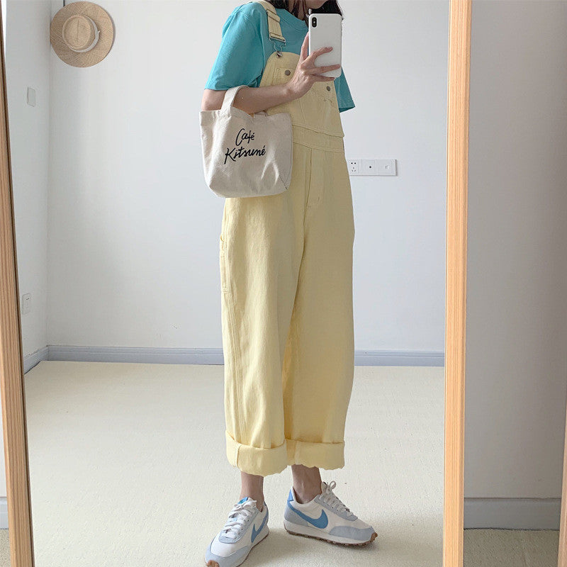 Japanese Style Yellow Denim Suspender Pants for Women