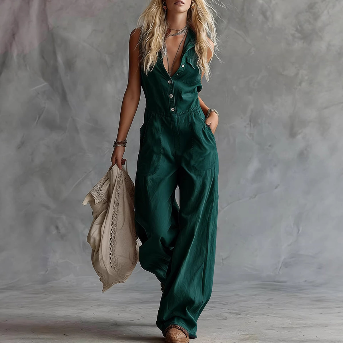 Chic V-Neck Sleeveless Button-Front Casual Jumpsuit