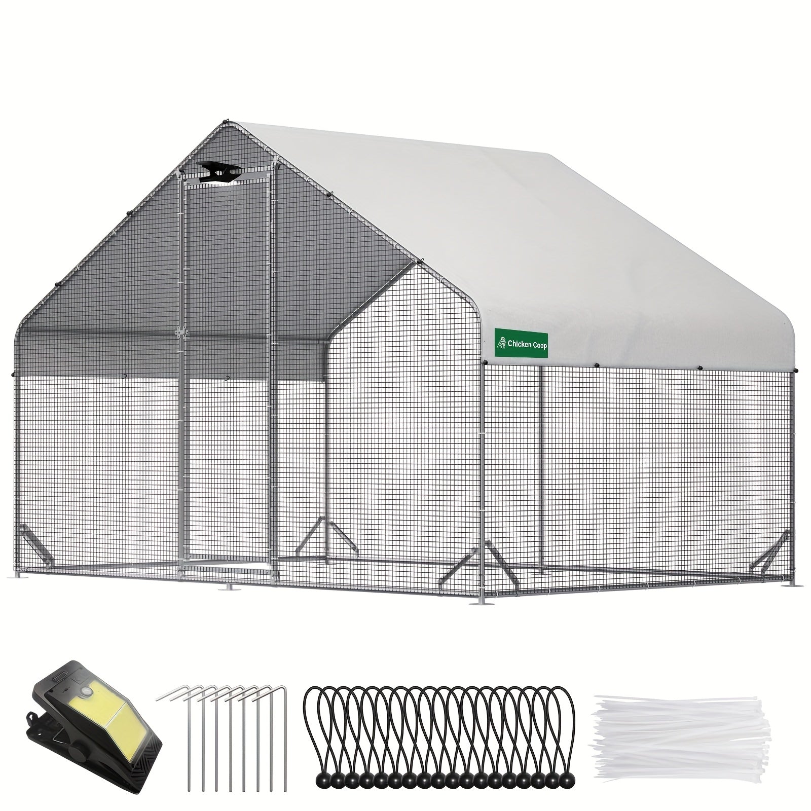 Large Walk-In Metal Chicken Coop with Attached Run, Hardware Cloth, Solar Light and UV-Resistant Cover