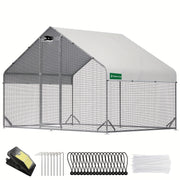 Large Walk-In Metal Chicken Coop with Attached Run, Hardware Cloth, Solar Light and UV-Resistant Cover
