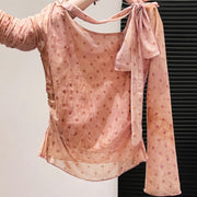 Slimming Mesh Lace-Up Long Sleeve Top – Waist-Cinching, Asym Neck