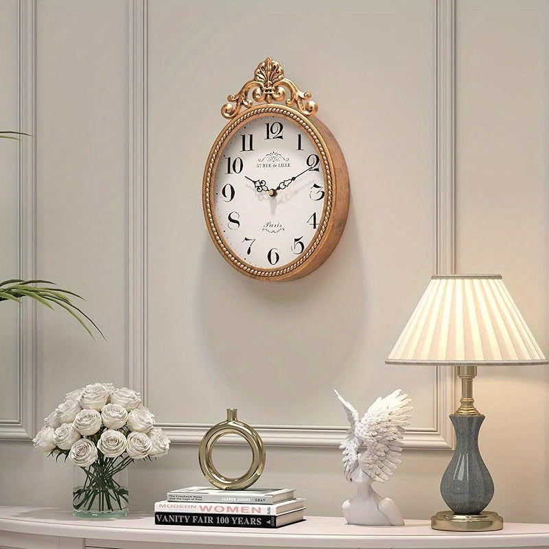 Small French Retro Decorative Wall Clock, Antique Golden Vintage Oval Style, Silent Battery Operated Boho Decor Wall Clocks for Farmhouse, Kitchen, Bedroom, Bathroom (10. 4" H x 6. 7" W)(ONLY Antique Golden/10. 4"H x 6. 7"W)