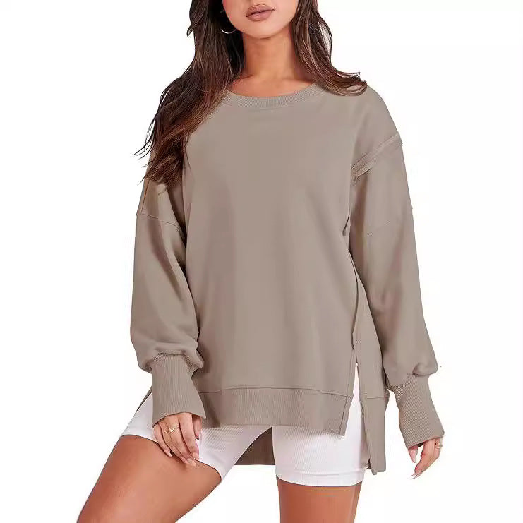 Frayed Hem Split Patchwork Long Sleeve Sweater