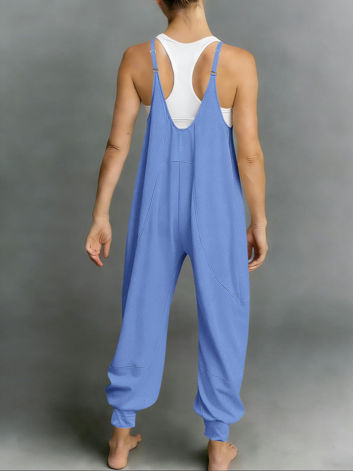 Fisoew Jumpsuits For Women Summer Casual Overalls Spaghetti Strap Sleeveless Pleated Rompers Jumpers With Pockets