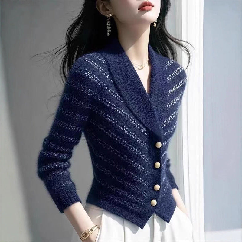 Fashionable Striped Knitted Cardigan Sweater Coat