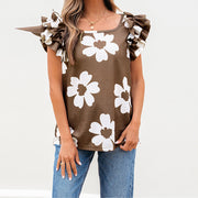 Floral Ruffle Short Sleeve Top – Trendy Casual Dress Shirt