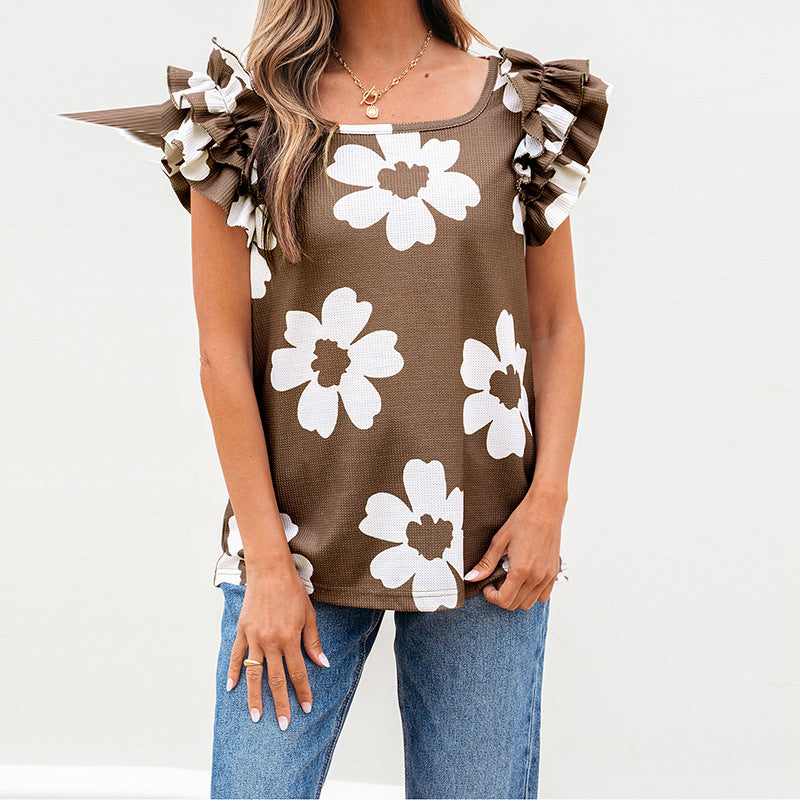 Floral Ruffle Short Sleeve Top – Trendy Casual Dress Shirt