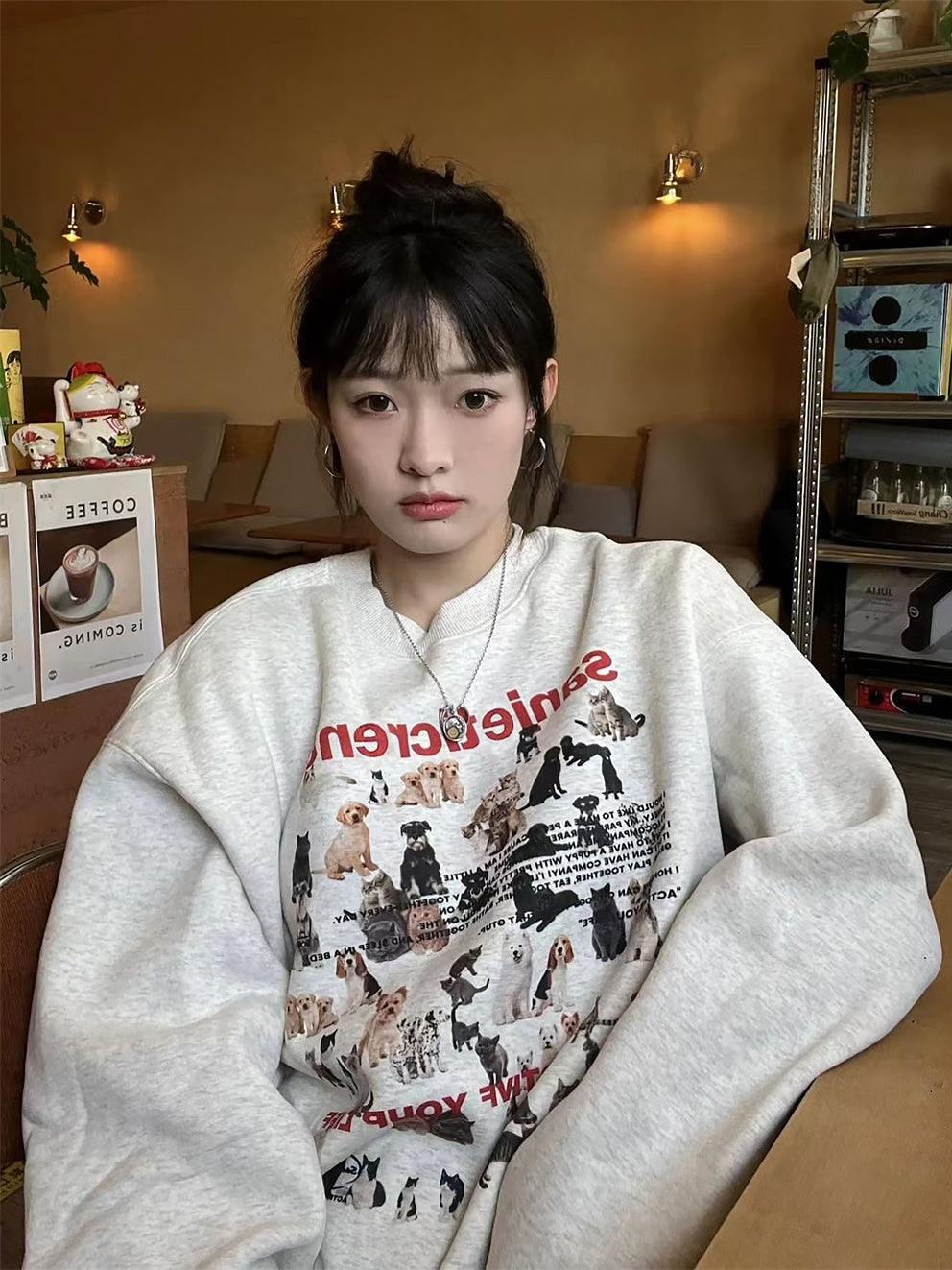 Retro Cartoon Cat Puppy Gray Cotton Crewneck Sweater