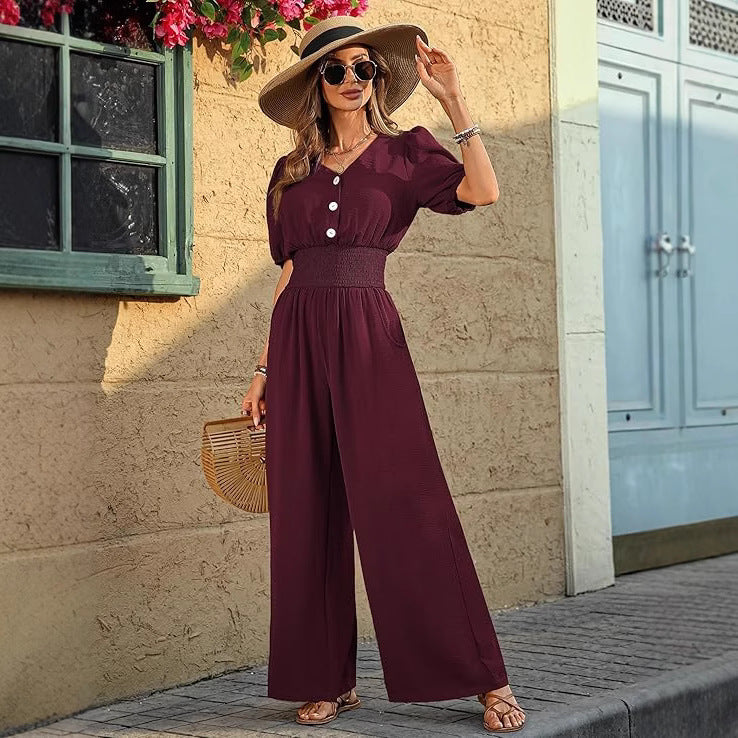 Chic Lapel Waist-Cinched Short-Sleeve Jumpsuit