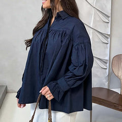 Women's Pleated Lapel Splicing Solid Color Blouse
