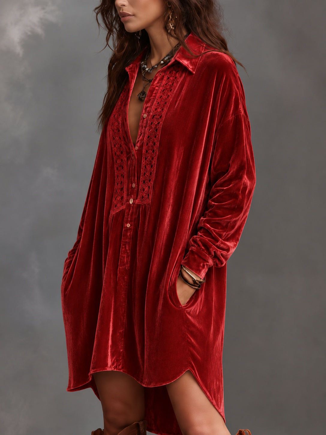Women's Velvet Loose-Fit Lapel Dress