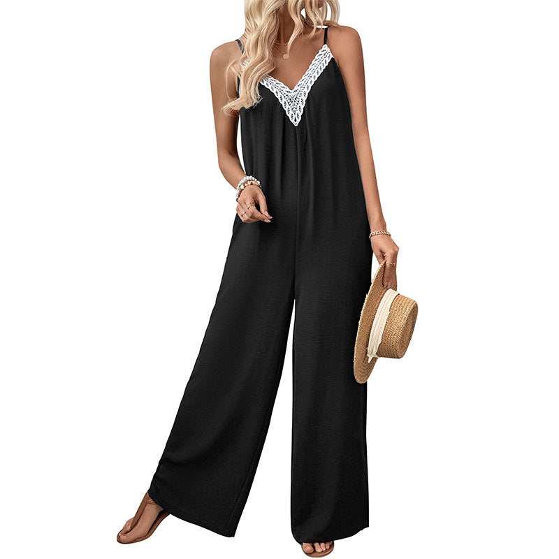 Women's Casual Lace-Patchwork Strap Wide-Leg Jumpsuit