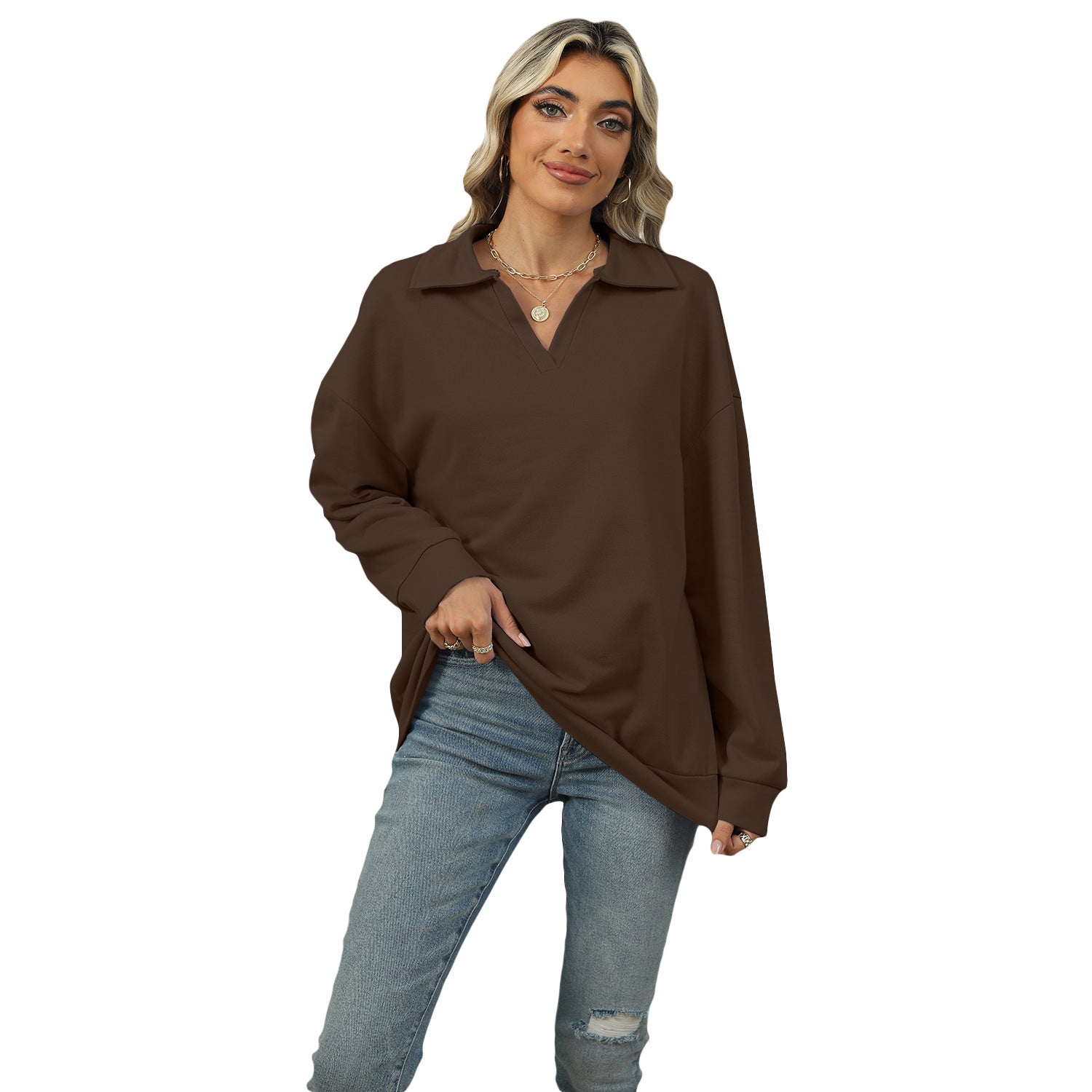 Casual V-Neck Lapel Long-Sleeve Pullover Sweatshirt