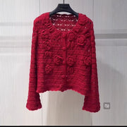 Angolan Red Rose 3d Crochet Hollow-out Vintage Knitted Cardigan Sweater