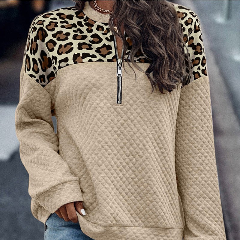 Leopard Splicing Drop Shoulder Zipper Women's Sweater