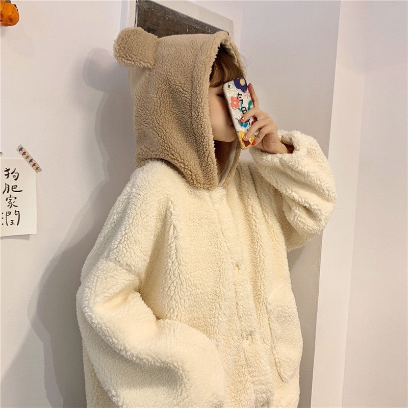 Cute Bear Ear Lamb Wool Winter Cardigan