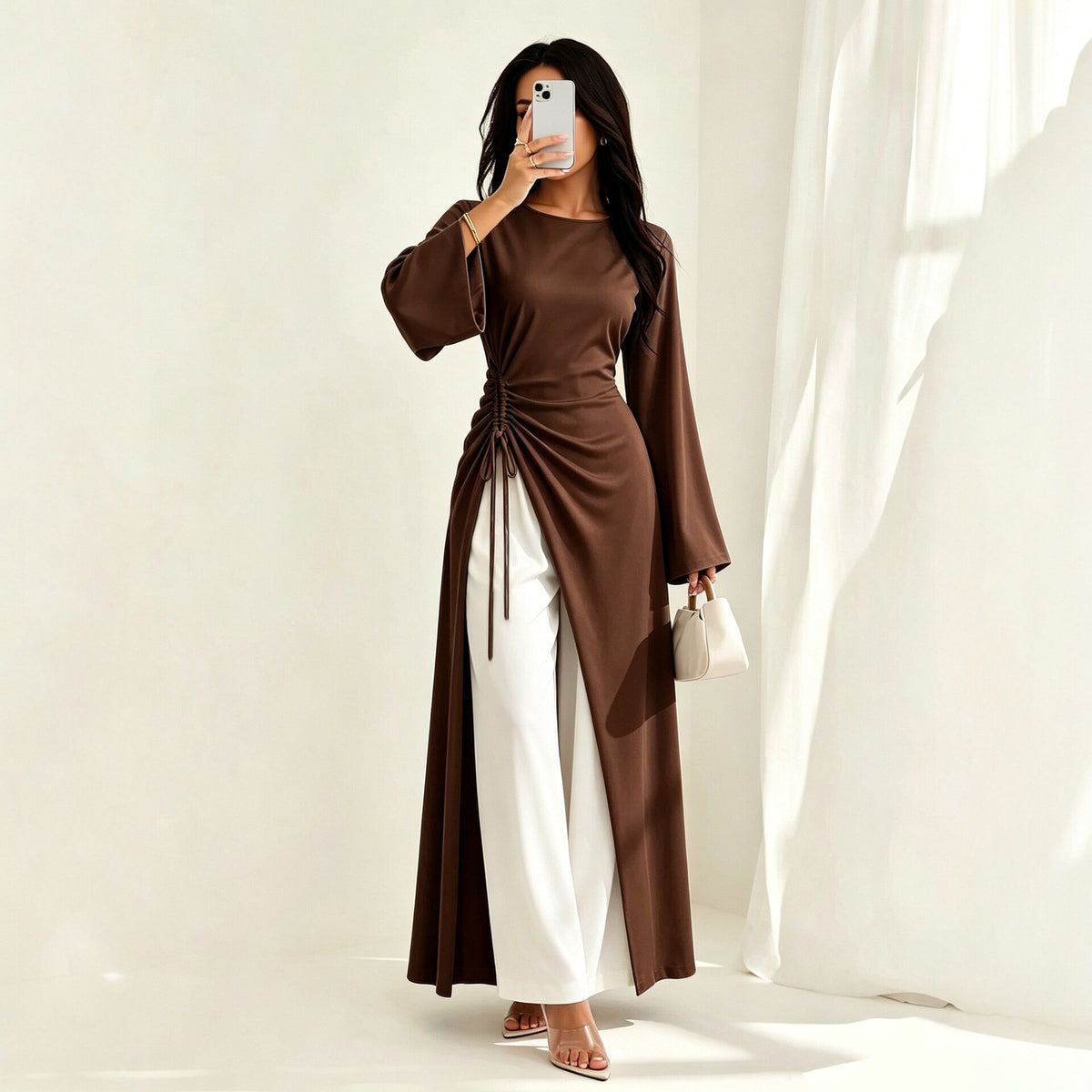 Elegant Dress with Side Drawstring Waist Flared Sleeves and a Slit…