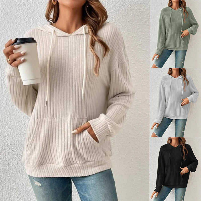 Women's Striped Knit Hoodie with Pockets & Drawstring