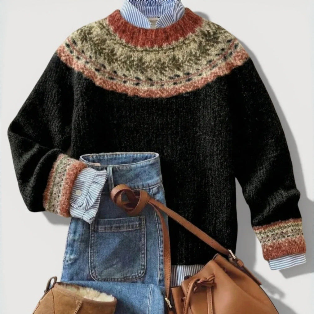 Retro Crew-neck Knit Sweater From Europe and the Us Casual Relaxed Fit Color-block Long-sleeve Pullover
