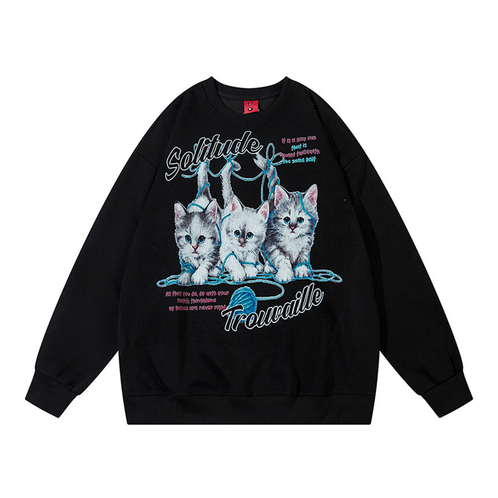 Men's Cute Kitten Print Casual Round Neck Pullover Sweater