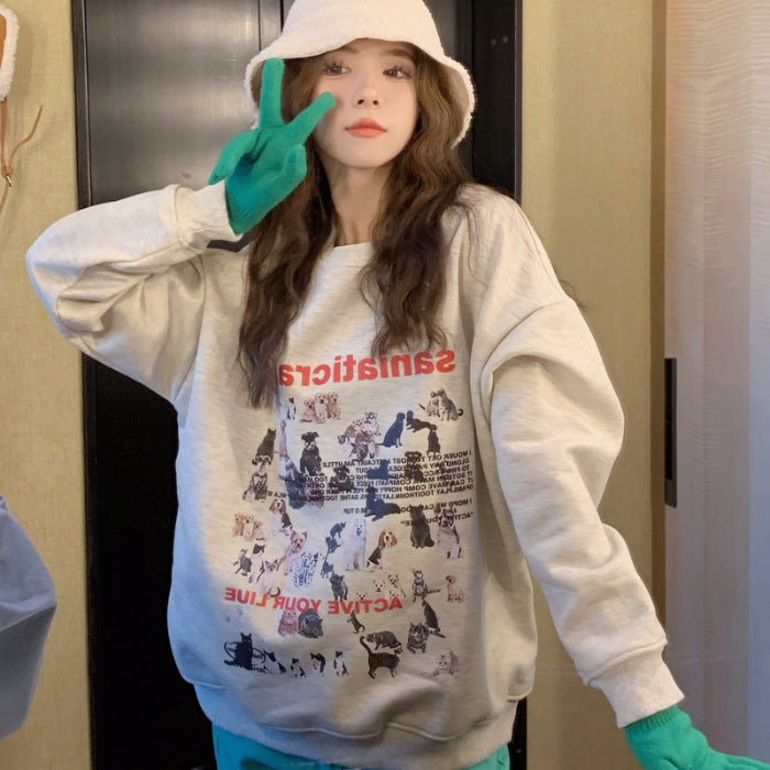 Retro Cartoon Cat Puppy Gray Cotton Crewneck Sweater